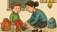 Vtip: Paní učitelka pomáhá Pepíčkovi s botami